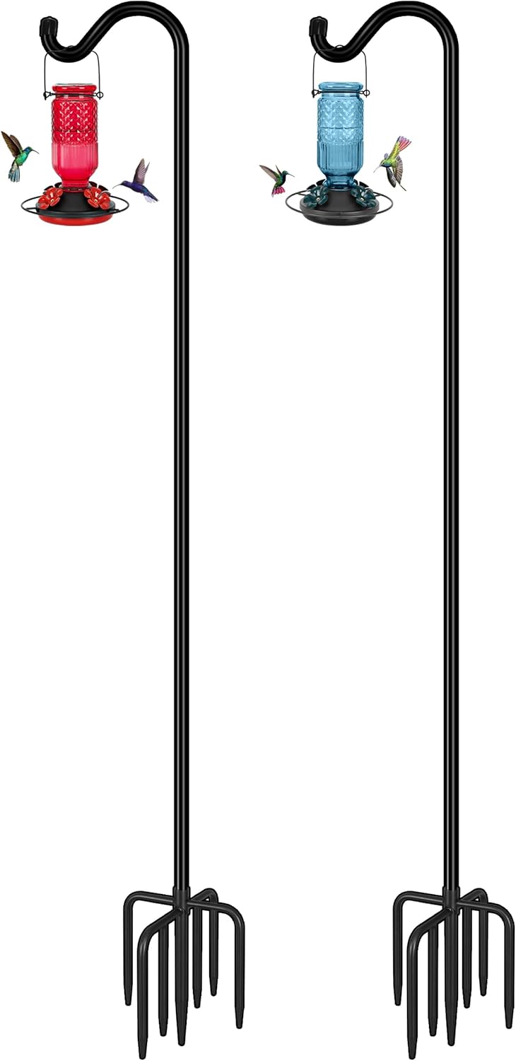 FEED GARDEN Shepards Hooks for Outdoor Bird Feeder Pole 76 Inch Adjustable Tall Heavy Duty Shepherds Hooks for Hanging Plant Baskets, Solar Lights, Wedding Decor, Lanterns, Black (2 Pack)