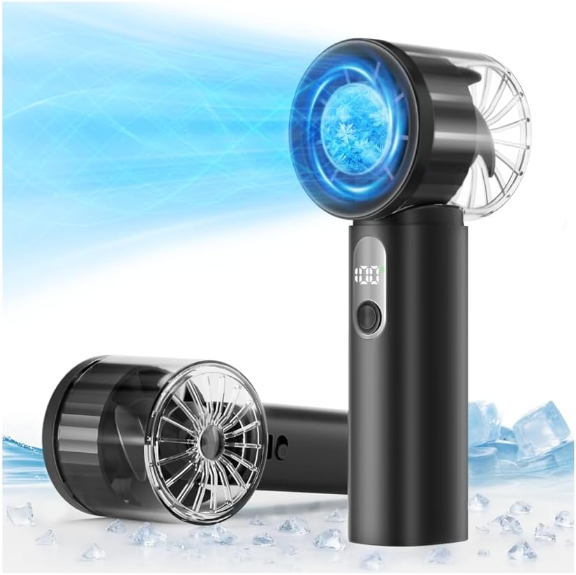 Portable Handheld Turbo Fan with Ice Cooling- 5 Gear High Speed , Mini Hand Fan with Strong Airflow, Up to 12Hrs Cooling, Rechargeable Battery, Powerful Personal Fan for Outdoor, Travel,Working, Black