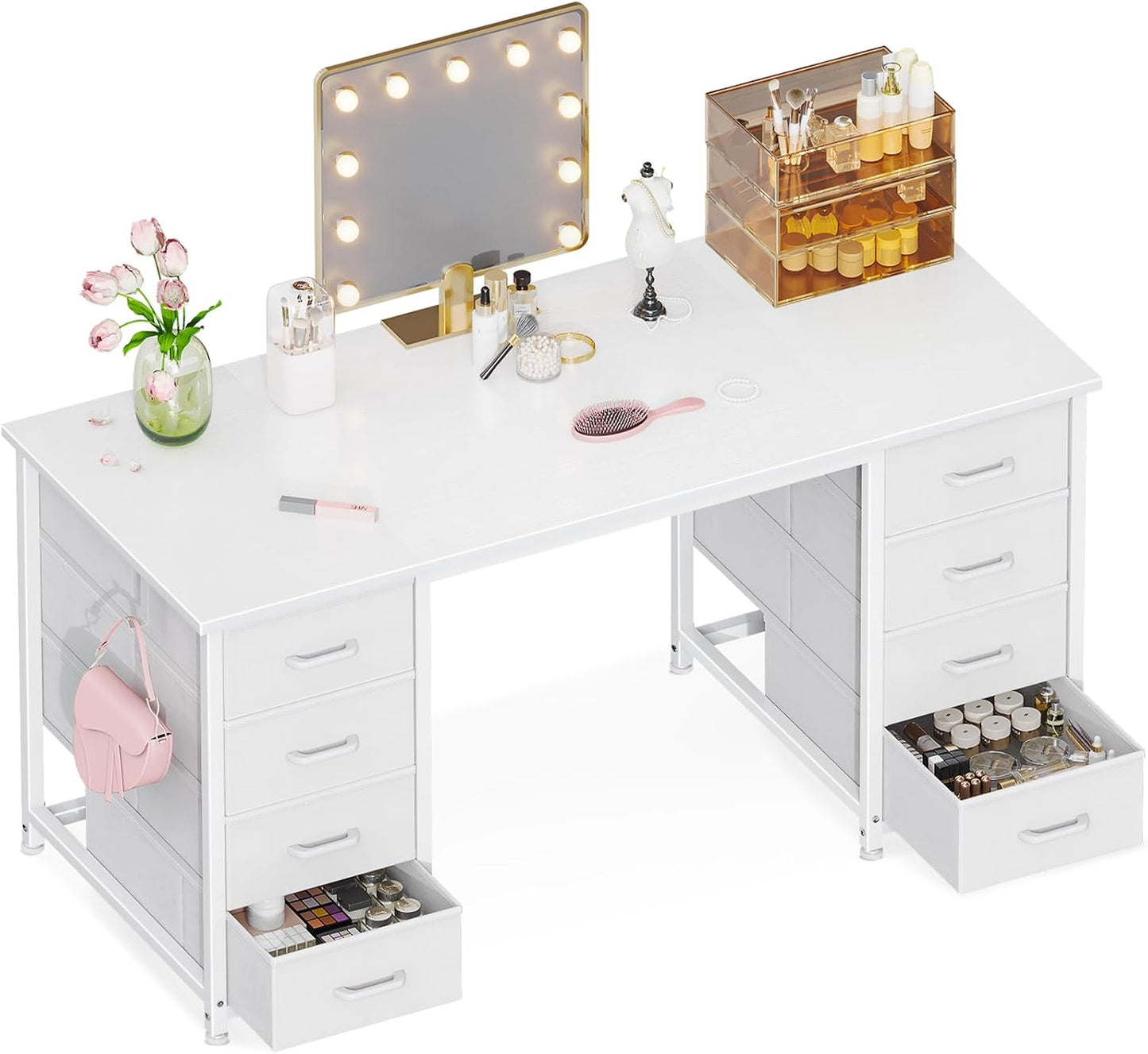 ODK 48 Inch White Computer Desk with 8 Fabric Drawers, Modern Office Desk with Large Storage for Home Office, Study, Gaming, White