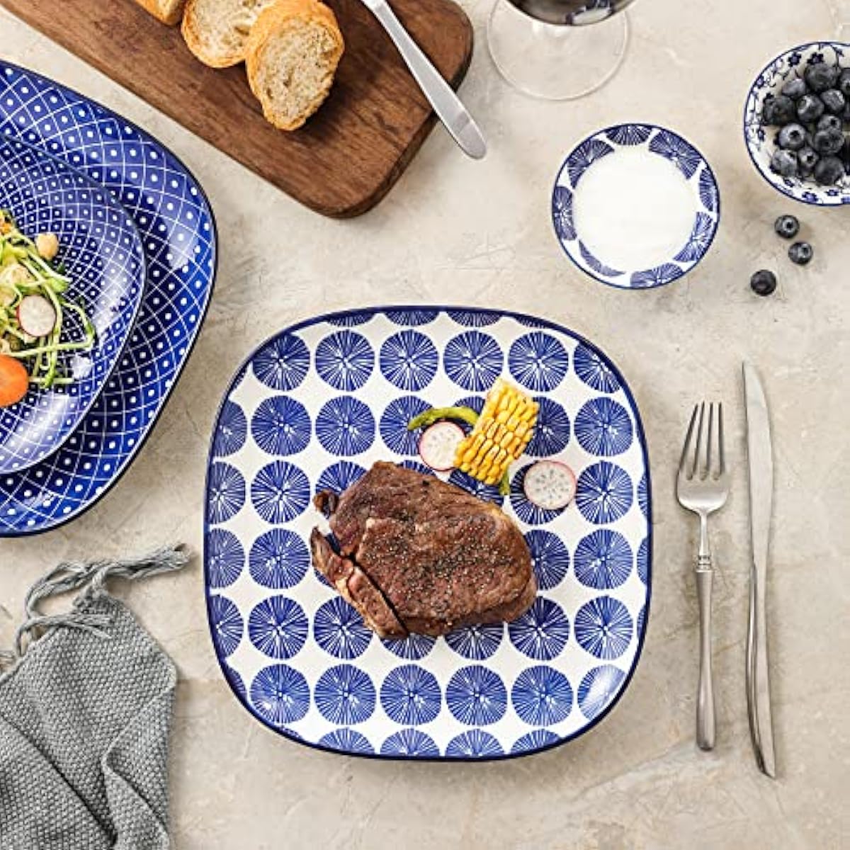 Selamica Porcelain Square Dessert Salad Pasta Plates 7.6 inches ceramic plates set of 6 microwave/dishwasher/oven safe, Vintage Blue