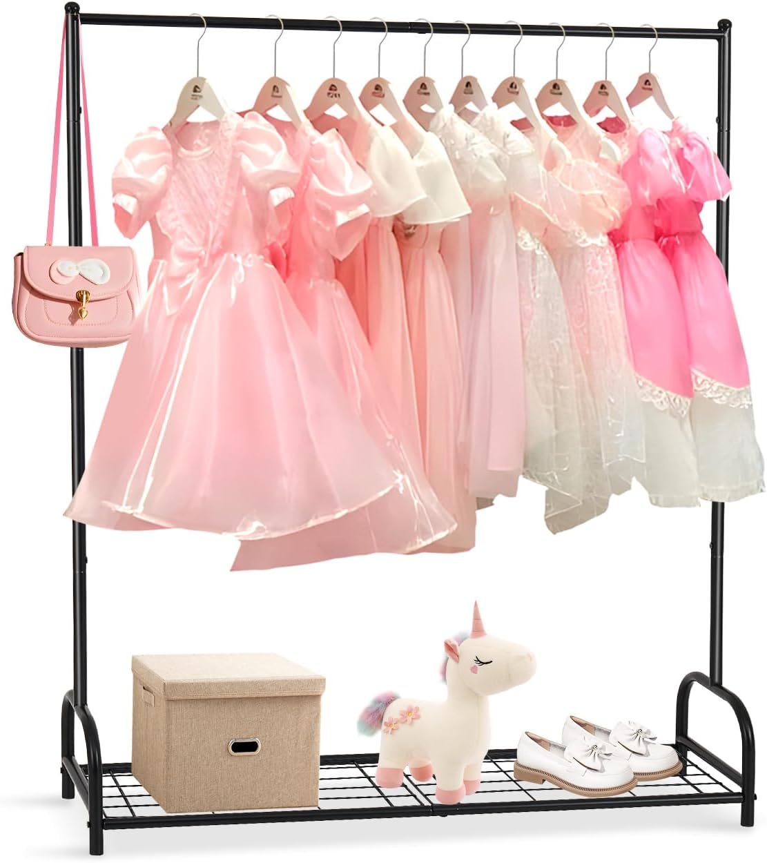 AUPSEN Kids Clothing Rack with Bottom Storage Shelf, Metal Toddler Dress Up Rack for Little Girls, Kids Dress Up Clothes Storage for Coats, Skirts, Dance Costume（Gold）