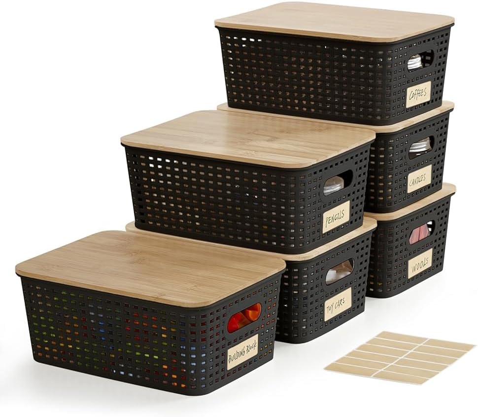 Small Plastic Storage Bins with Bamboo Lids 5.2qt Stackable Box Basket Pantry Decorative Containers Cute with Lable for Organizing Desktop Closet Office Cream White of 6 packs 10*7.2*4.1'’