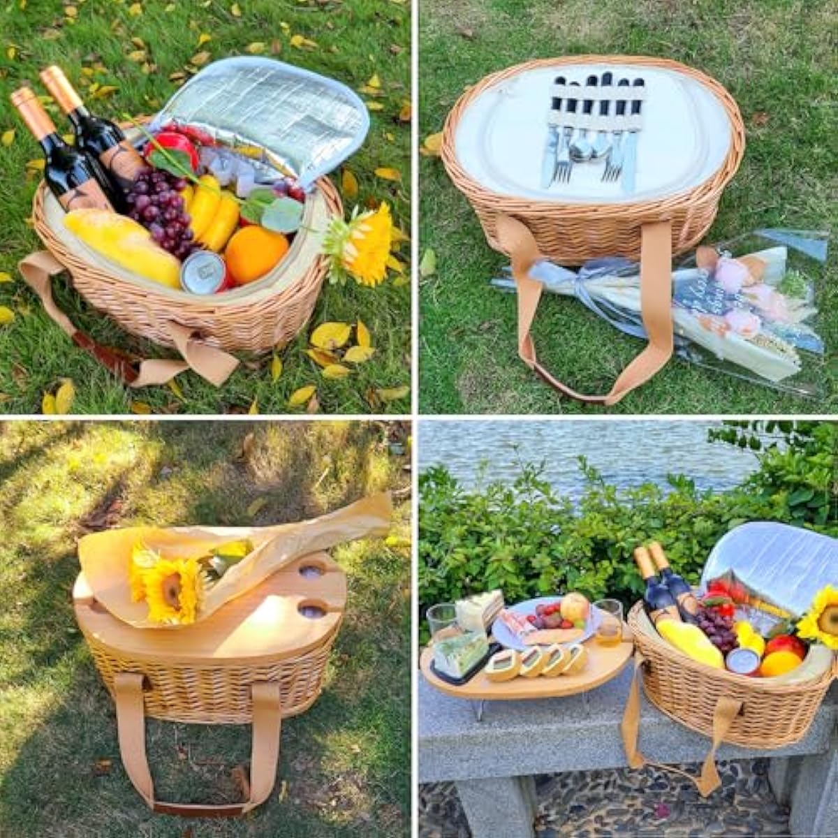 Hap Tim Wicker Picnic Basket Set for 2 with Mini Folding Wine Picnic Table & Large Insulated Cooler Bag & Cutlery Service Kits for 2 Person, Couples Gifts, Wedding Gifts (Y2209-2-CM)