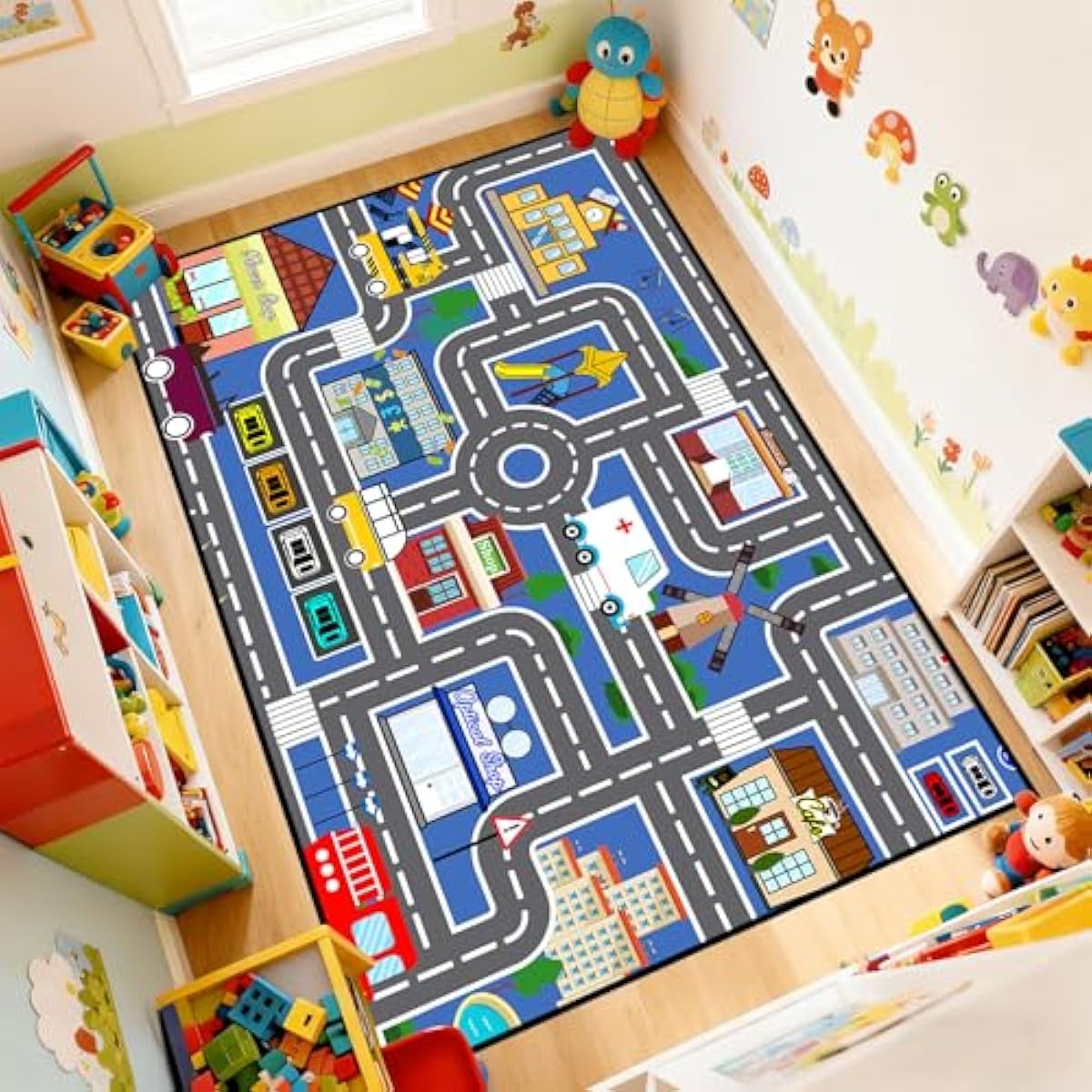 5x7 ft Kids Car Rug - Large Blue Traffic Road Play Mat for Cars, Educational City Play Carpet for Playroom, Nursery & Bedroom Decor