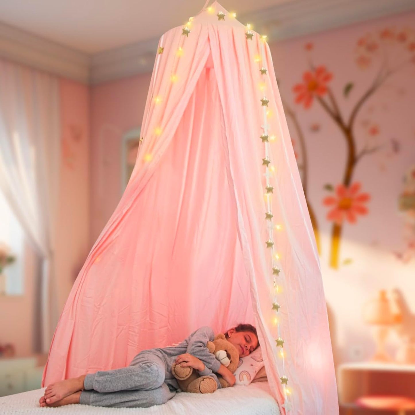 Pink Bed Canopy for Girls with Glowing Stars - Premium Canopy Bed Curtains | Fits Single, Twin, Full, Queen Size Kids Bed, Princess Netting Room Decor, Ceiling Tent to Cover Toddler, Canopy for Bed