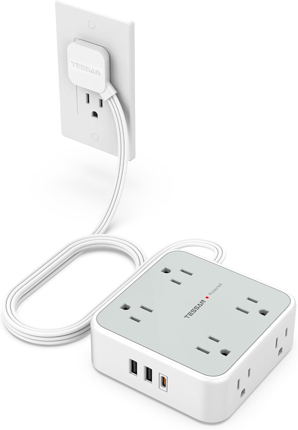 TESSAN Surge Protector Power Strip, 5 Ft Flat Plug Extension Cord with 3 USB (1 USB C) 8 Outlets, 1250W, 900J Protection, 3 Sided Outlet Extender with Power Switch for Office, Dorm Room Essentials