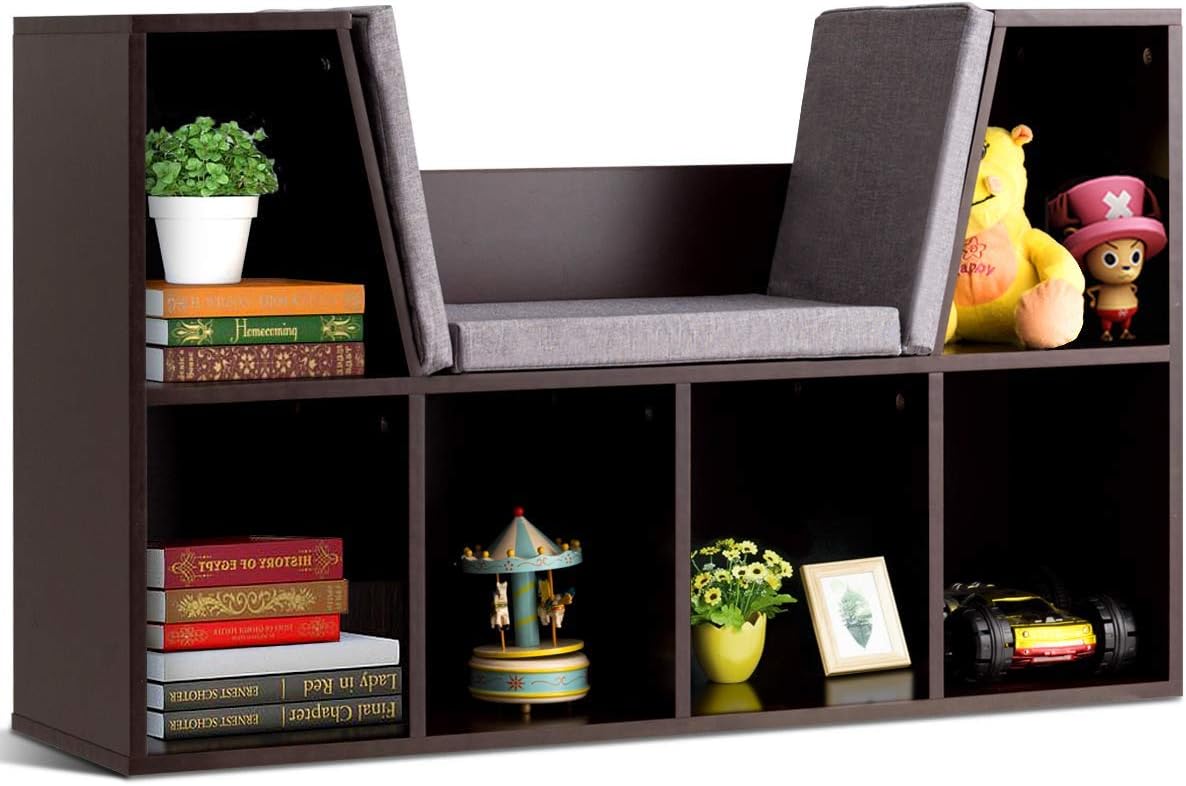 Costzon Kids Bookshelf with Reading Nook, 6 Cubby Bookcase with Soft Seat Cushion, Wooden Toy Storage Organizer with Bench, Book Shelf for Kids Room, Playroom, Nursery, Daycare