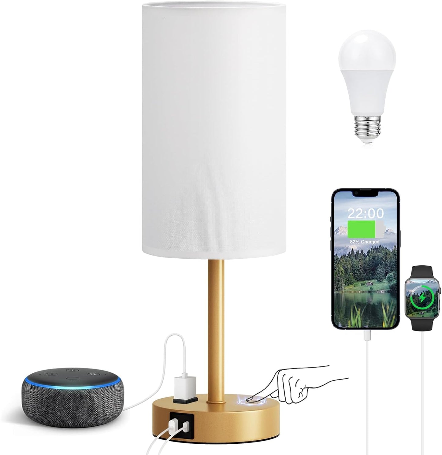 Fenmzee Bedside Table Lamp for Bedroom - 3 Way Dimmable Touch Lamp USB C Charging Ports and AC Outlet, Small Lamp Wood Base Round Flaxen Fabric Shade for Living Room, Desk, LED Bulb Included