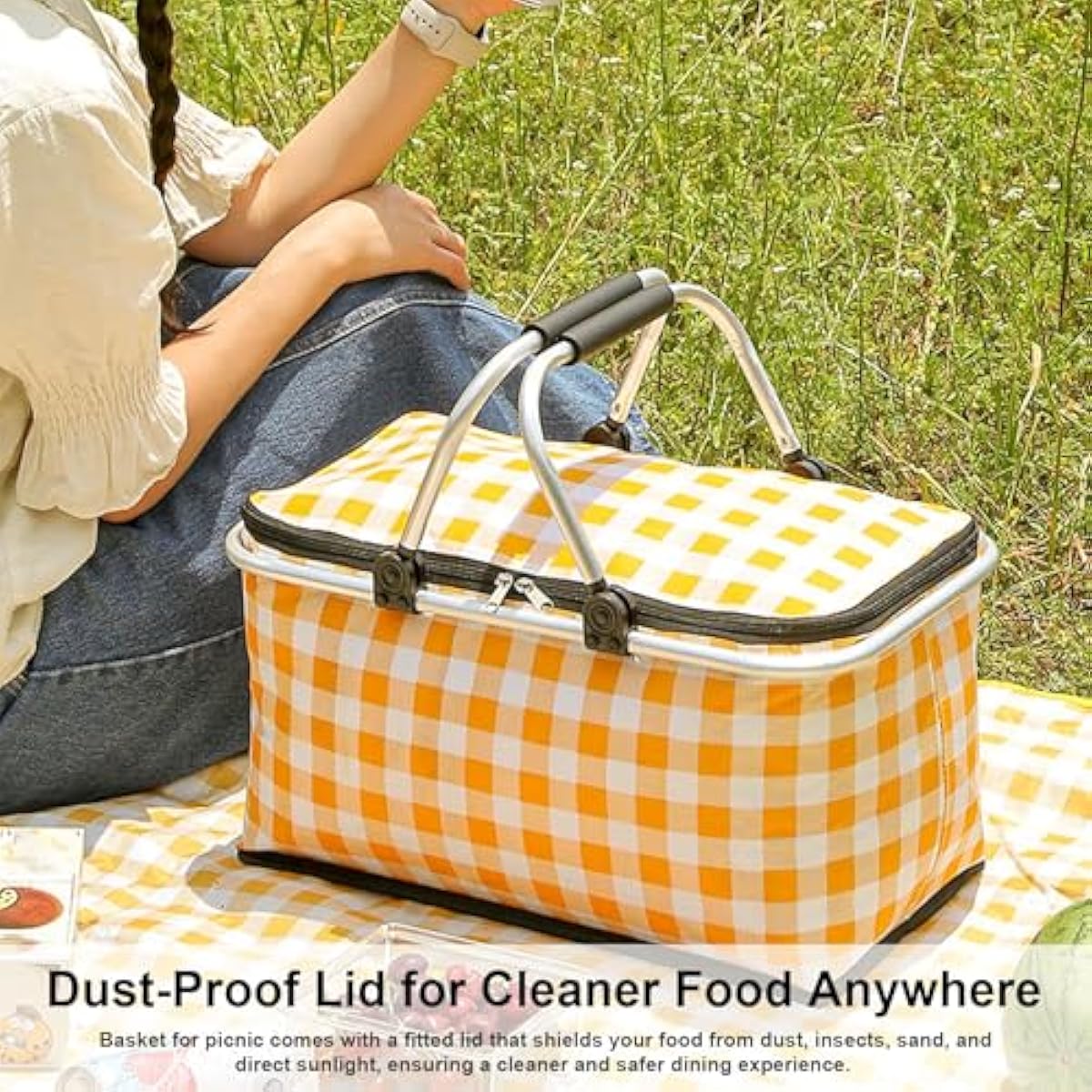 Insulated Picnic Basket，Collapsible Picnic Basket，30L Large Market Basket with Lid，2 Sturdy Handles，Storage Basket for Picnic，for Food Delivery，Take Outs，Market Shopping，Travel(Yellow Grid)