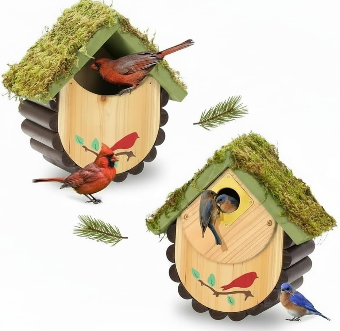 2 Pack Bird Houses for Outside Clearance with Copper Guard, Cedar Bird House Outdoor, Bluebird Finch Swallow Wren Chickadee Assembly Required，Lacquer Finished,Outdoor 5 Years Usage