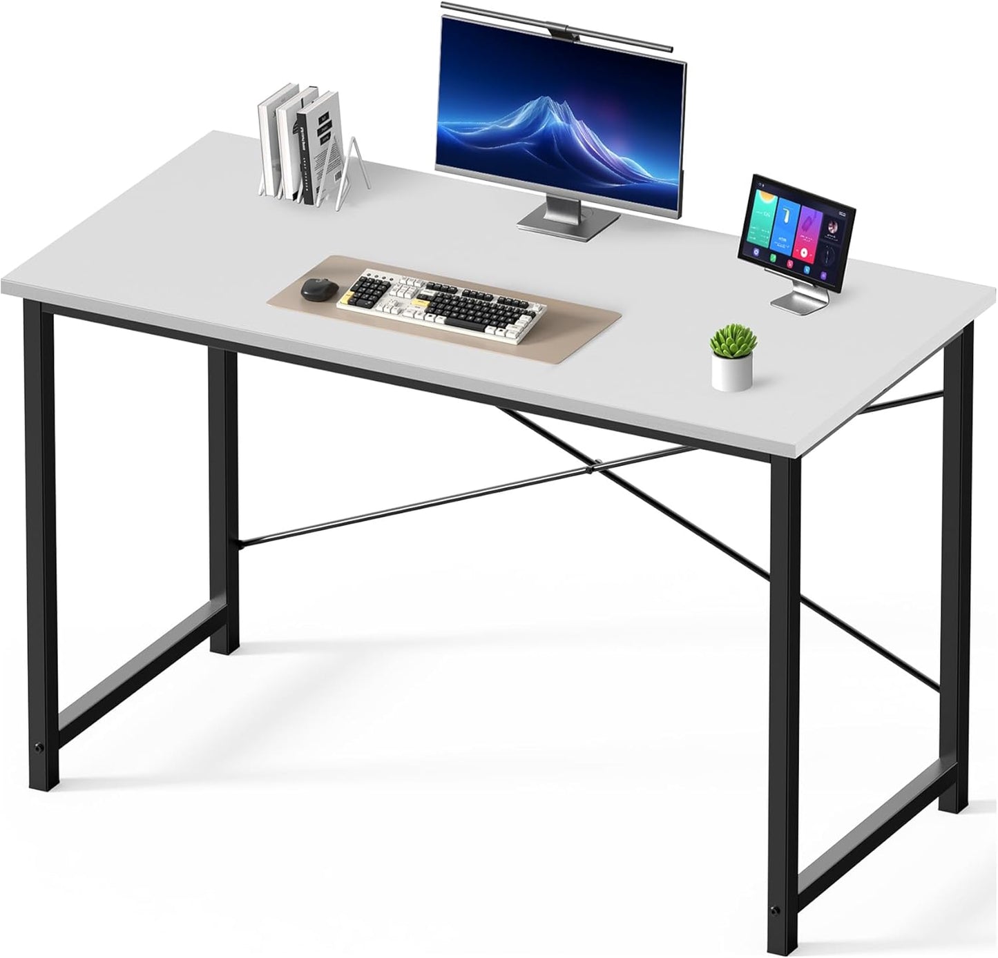 DUMOS 47 Inch Computer Desk for Home Office, Modern Writing Study Table Simple Modern Style for Bedroom Small Space, Large Work Desks with X-Shaped Reinforcement, Wood Brown