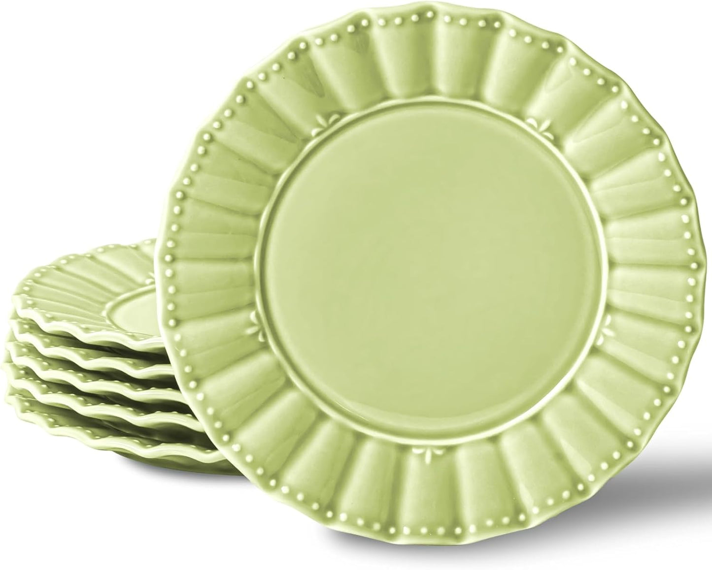 HOMBENE Dessert Plates 8 Inches Set for 6 Ceramic Serving Plates, Plates for Cake Waffles,Wavy Style, Snacks, Pasta, Noodle,Dinner, Microwave & Dishwasher Safe (Mint Glow Green)
