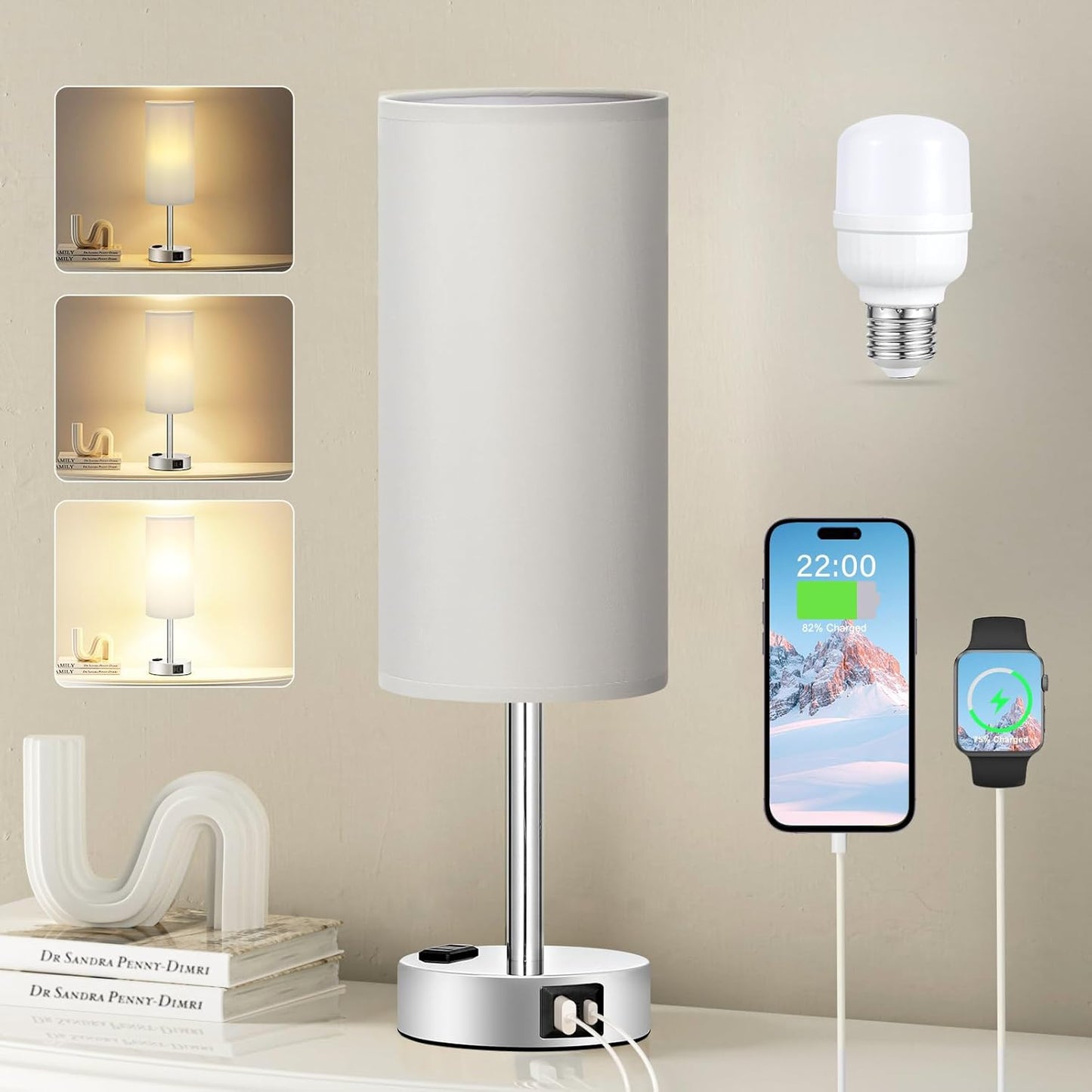 Fenmzee Bedside Table Lamp for Bedroom - 3 Way Dimmable Touch Lamp USB C Charging Ports and AC Outlet, Small Lamp Wood Base Round Flaxen Fabric Shade for Living Room, Desk, LED Bulb Included