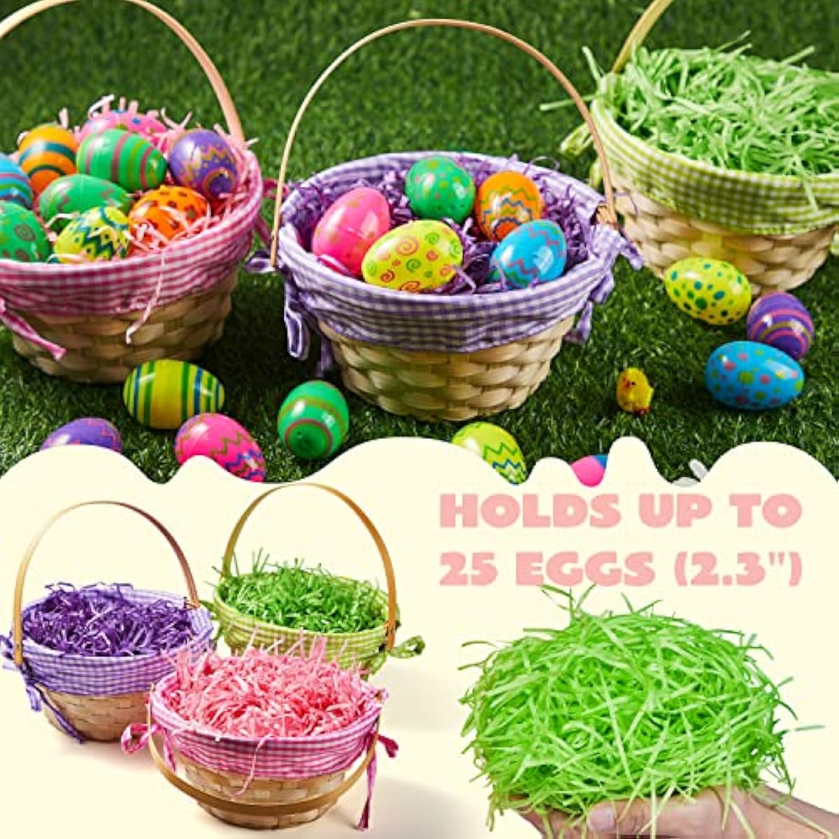 JOYIN 4 Pcs Easter Bamboo Baskets Gift Woven Baskets with Handles and 4 Colors Grass Paper Shreds, Candy Wicker Candy Toys Storage Bucket for Easter Egg Hunt, Kids Party Supplies(9" X 8")