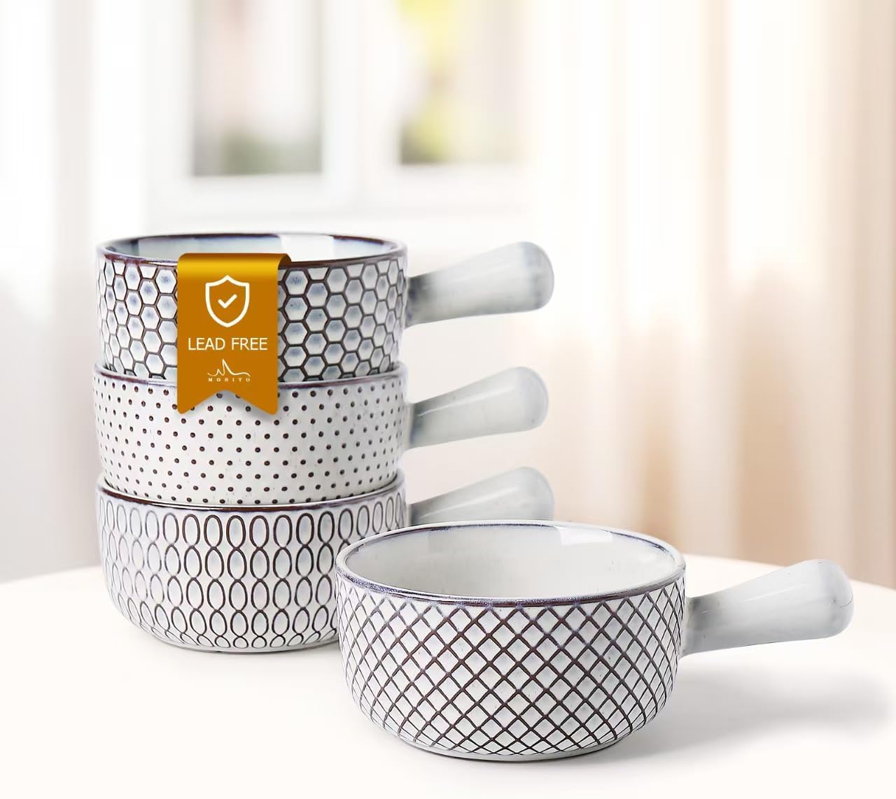 MONITO 28 Ounce French Onion Soup Bowls, 4PCS Reactive Glaze Ceramic Bowls with Handles, Stackable Soup Crocks, Oven/Microwave/Dishwasher Safe, for Cereal, Pasta, Chilli, Beef Stew, White-blue