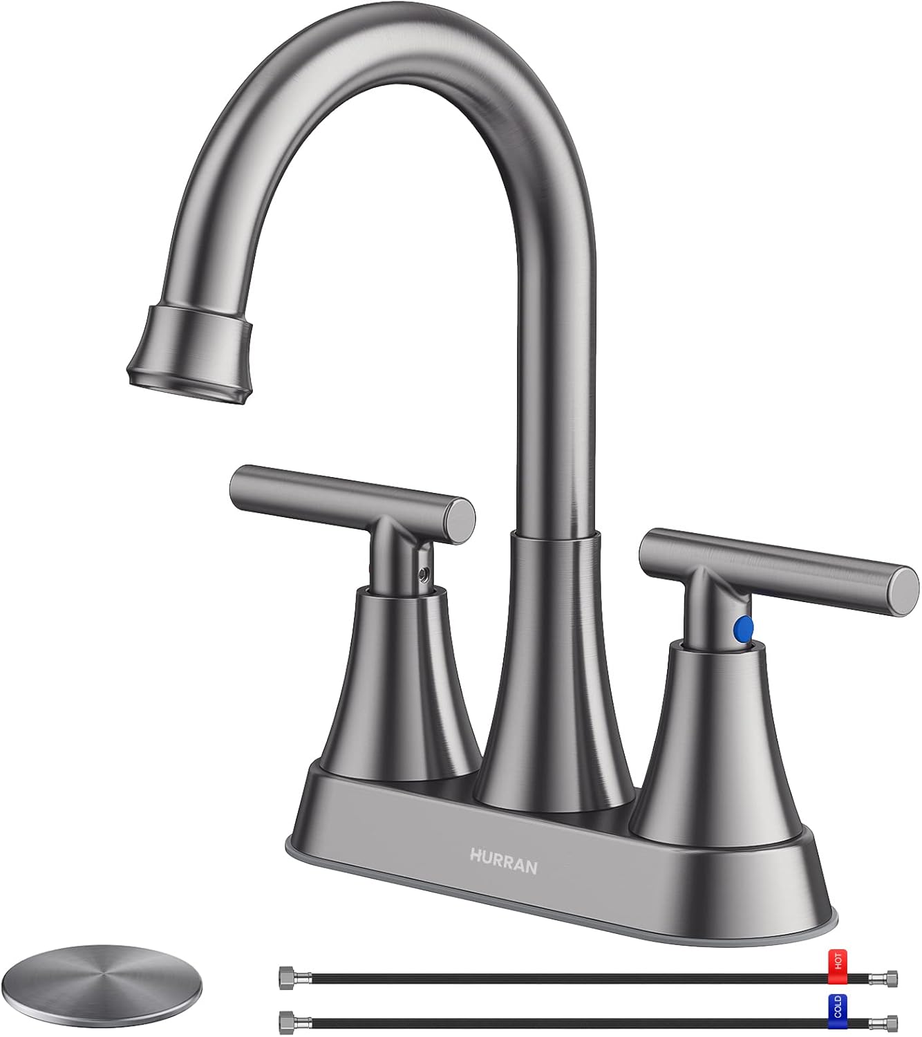 Bathroom Faucets for Sink 3 Hole, Hurran 4 inch Matte Black with Pop-up Drain and 2 Supply Hoses, Stainless Steel Lead-Free 2-Handle Centerset Faucet for Sink Vanity