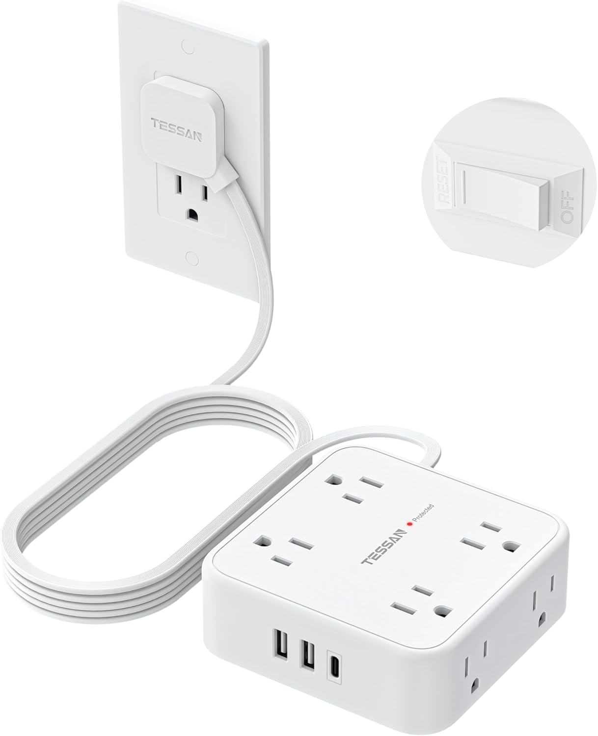 TESSAN Surge Protector Power Strip, 5 Ft Flat Plug Extension Cord with 3 USB (1 USB C) 8 Outlets, 1250W, 900J Protection, 3 Sided Outlet Extender with Power Switch for Office, Dorm Room Essentials