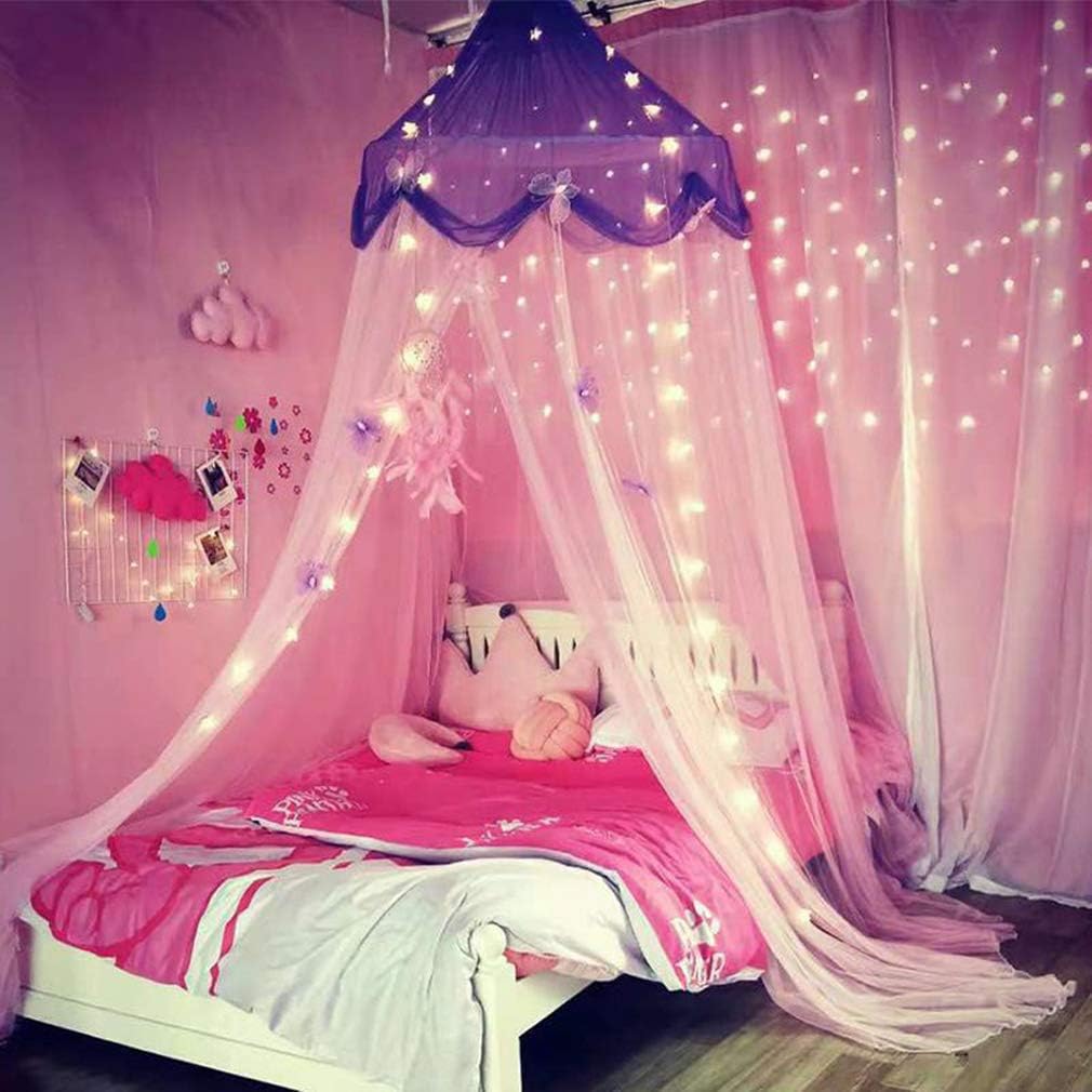 Bed Canopy with Lights for Girls,Gold Star Princess Crib Canopy Curtains,Extra Large Dome Mosquito Net Reading Nook Canopy for Kids Boys Twin Full Queen Size Bed,Fire Retardant Fabric