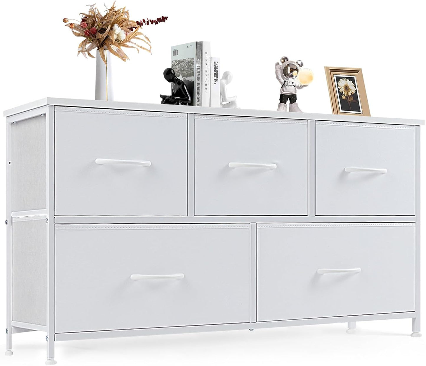 DUMOS Dresser for Bedroom, Storage Organizer with 9 Drawers, Chest of Drawers with Fabric Bins, Sturdy Metal Frame, Wood Tabletop for Guest Room, Closet, Entryway, White