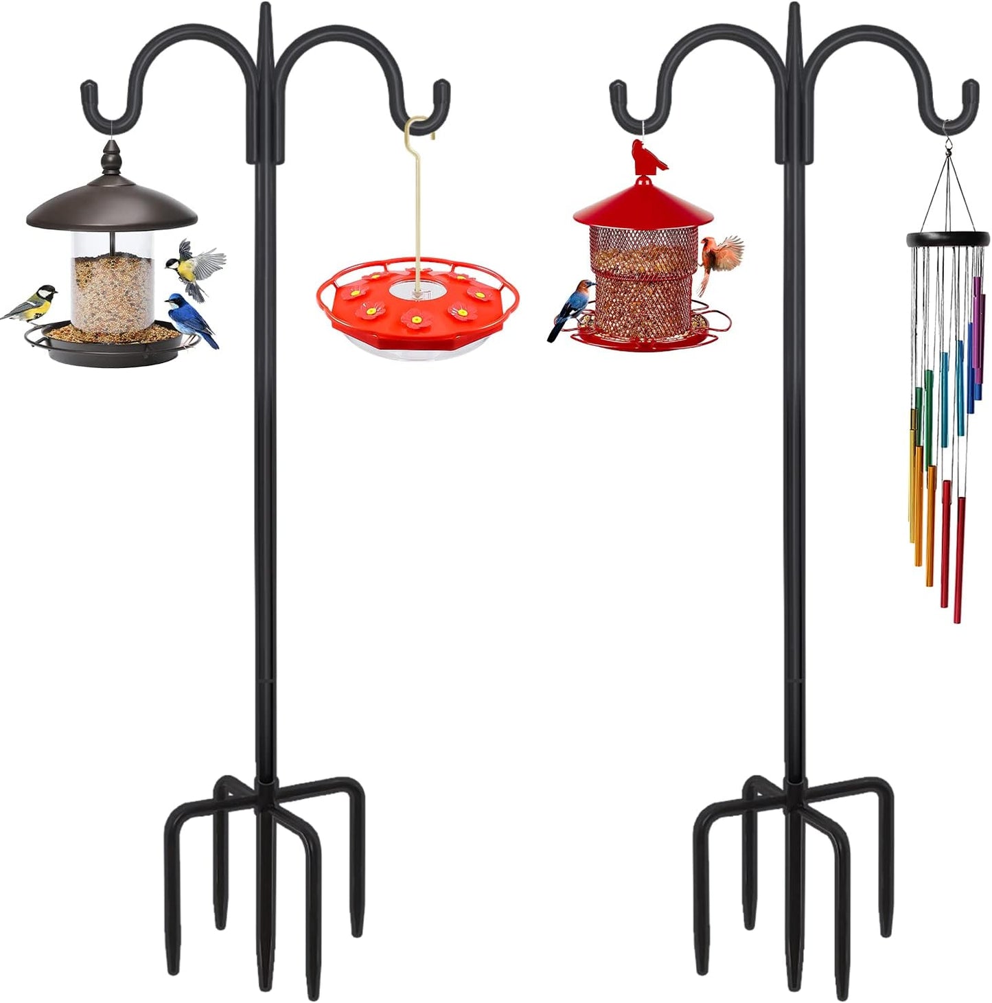 FEED GARDEN 4-Hook Squirrel-Proof Bird Feeder Pole - 92" Heavy-Duty Shepherd's Hook with 5-Prong Base & 19" Baffle for Multiple Feeders & Plants