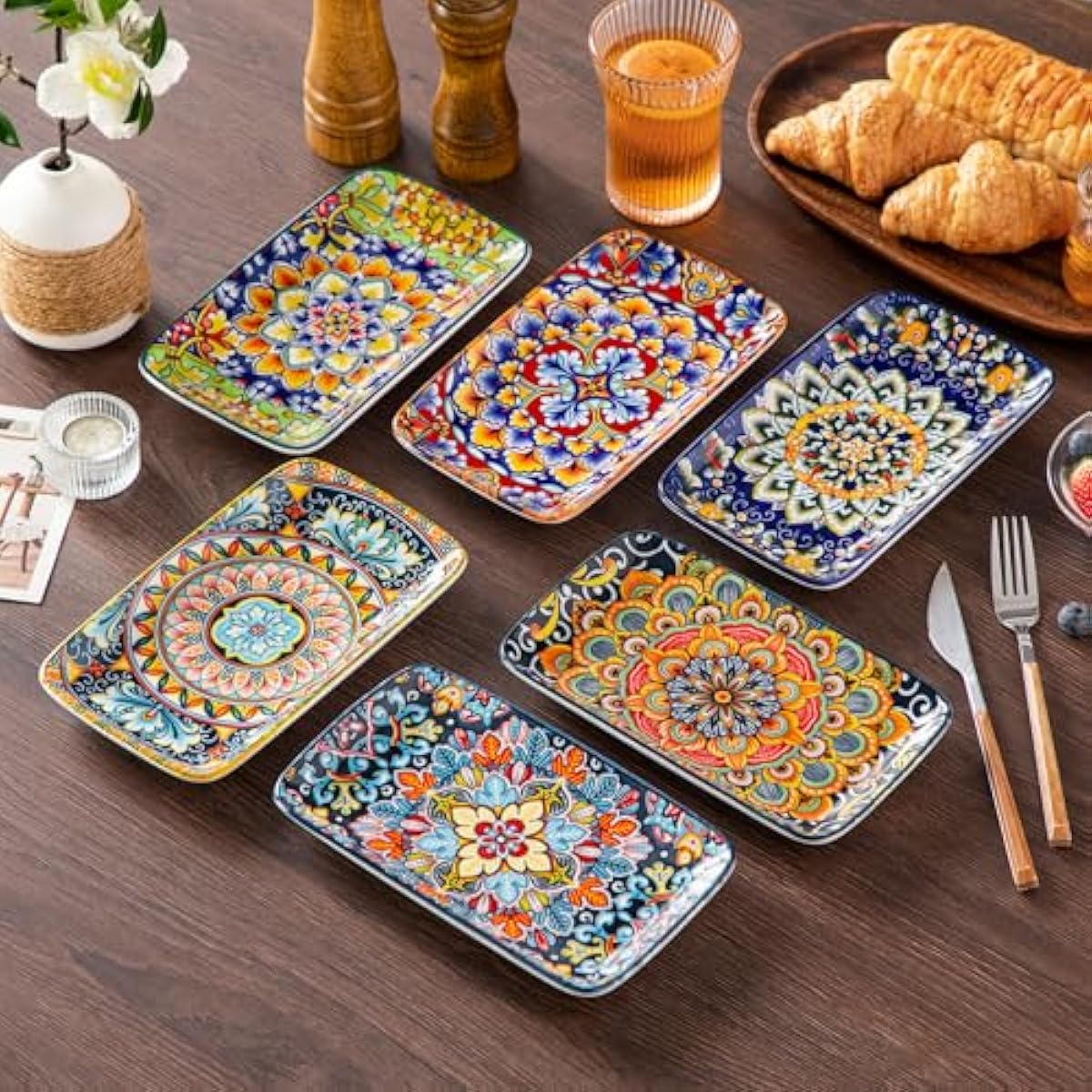 vancasso Simi 6-Piece Ceramic Salad Plates Set - 8.5 Inch, Rectangular Dessert Plates for Sushi, Appetizer, Cake - Microwave & Oven Safe, Porcelain Plates for Kitchen Decor