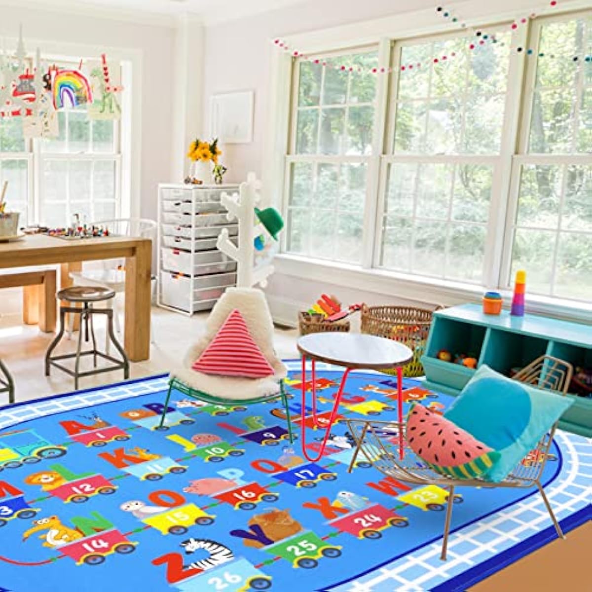 HiiARug Kids Carpet Playmat Rug ABC Alphabet, Numbers, Train and Road Themed Playing Educational Classroom Rug Fun Game Play Area Rug for Kids Bedroom, Toddler Classroom and Baby Playroom Decor