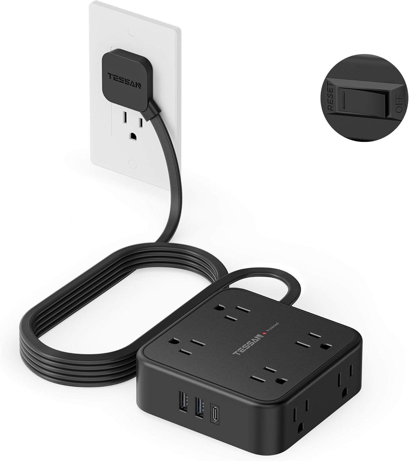 TESSAN Surge Protector Power Strip, 5 Ft Flat Plug Extension Cord with 3 USB (1 USB C) 8 Outlets, 1250W, 900J Protection, 3 Sided Outlet Extender with Power Switch for Office, Dorm Room Essentials