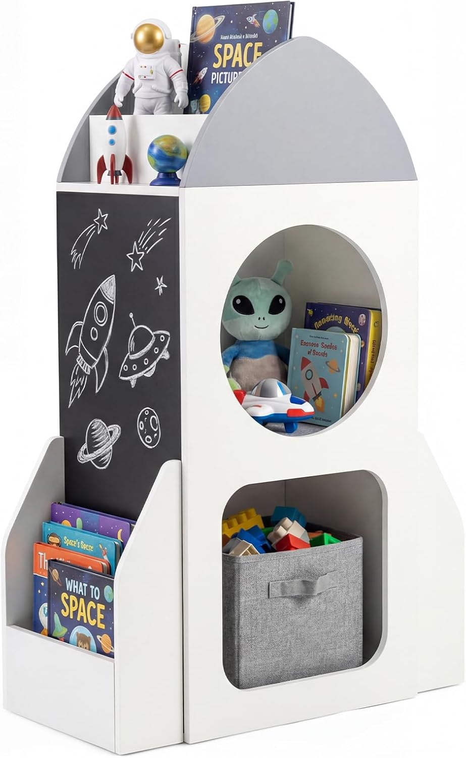 Costzon Rocket Kids Bookshelf, Toddler Toy Storage Organizer w/Chalkboard, 2 Cubbies and Open Shelf, Wooden Children Bookcase for Classroom, Playroom, Daycare, Nursery (White Rocket)