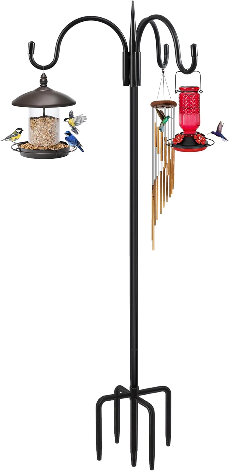 FEED GARDEN 4-Hook Squirrel-Proof Bird Feeder Pole - 92" Heavy-Duty Shepherd's Hook with 5-Prong Base & 19" Baffle for Multiple Feeders & Plants