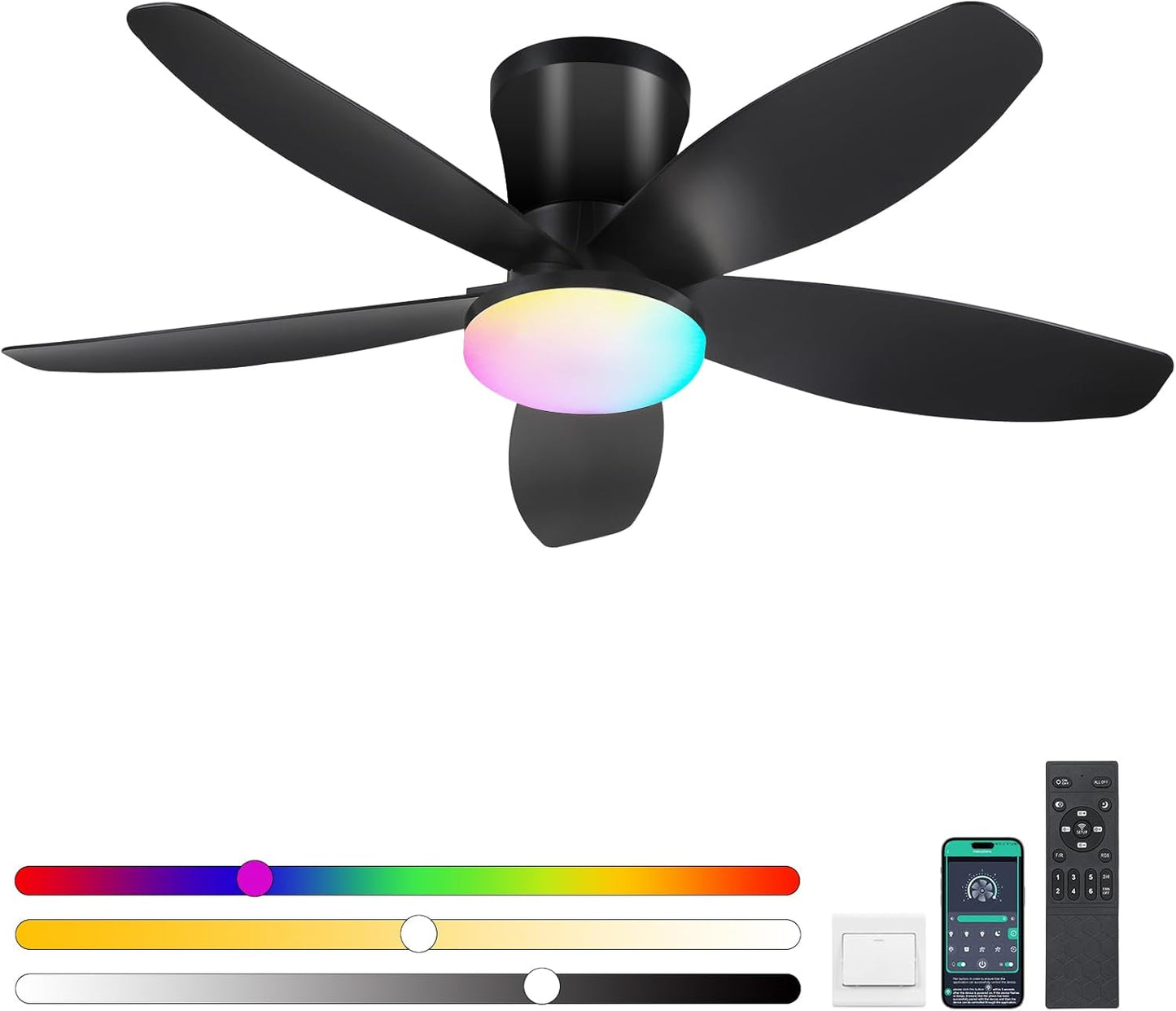42" Ceiling Fans with Lights-Low Profile Ceiling Fan with Light and Remote/APP Control,Flush Mount,DC Reversible,LED Dimmable Blakc Ceiling Fans for Bedroom,Indoor/Outdoor Patio Use