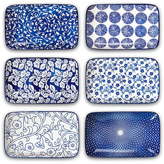 Selamica Ceramic 8 inch Rectangular Salad Plates, Dinner Plates, Pasta Dessert Plates for Appetizer, Sushi, Fruit - Microwave/oven/Dishwasher Safe, Set of 6, Vintage Blue