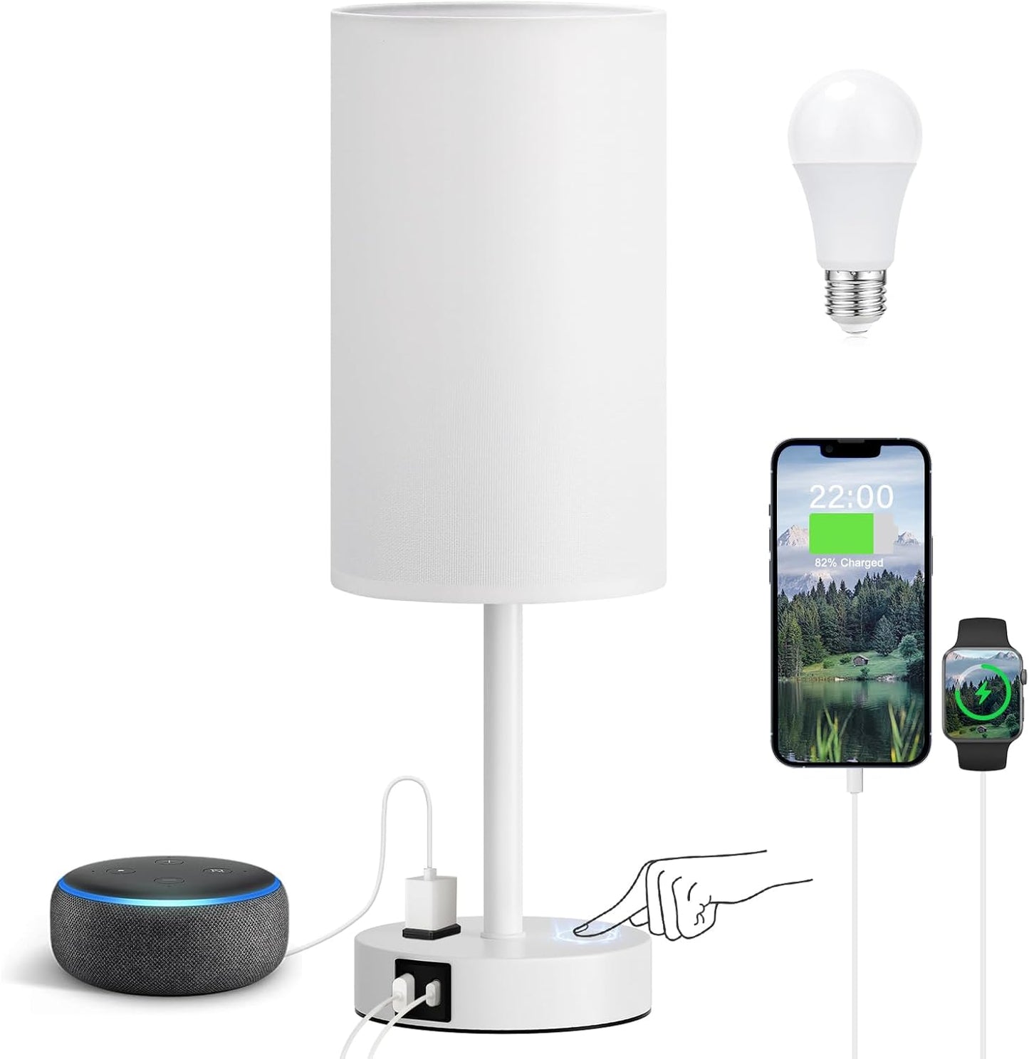 Fenmzee Bedside Table Lamp for Bedroom - 3 Way Dimmable Touch Lamp USB C Charging Ports and AC Outlet, Small Lamp Wood Base Round Flaxen Fabric Shade for Living Room, Desk, LED Bulb Included