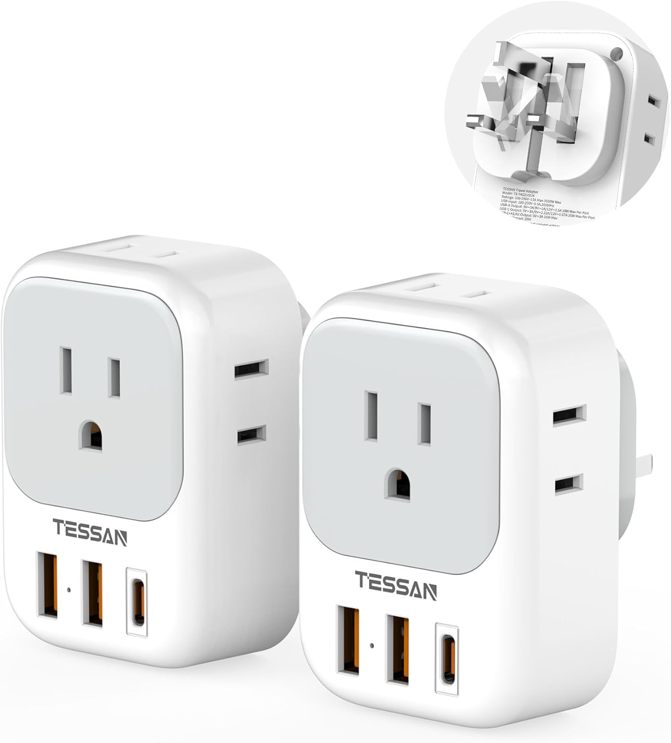2 Pack European Plug Adapter USB C, TESSAN US to Europe Adapter 4 Outlets 3 USB Charger, Type C International Power Adaptor to Italy Spain France Portugal Iceland Germany, Europe Travel Essentials
