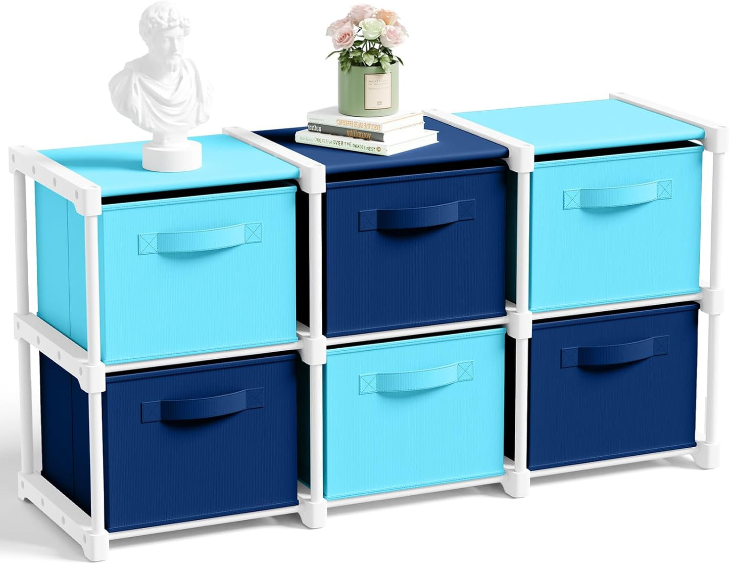 Thyle Large Cube Storage Organizer Shelf with 6 Bins 14 Inch Fabric Collapsible Cubby Storage Drawers Shelving Unit for Christmas Ornaments Clothes Toys Craft(Gray-white,Minimalist)