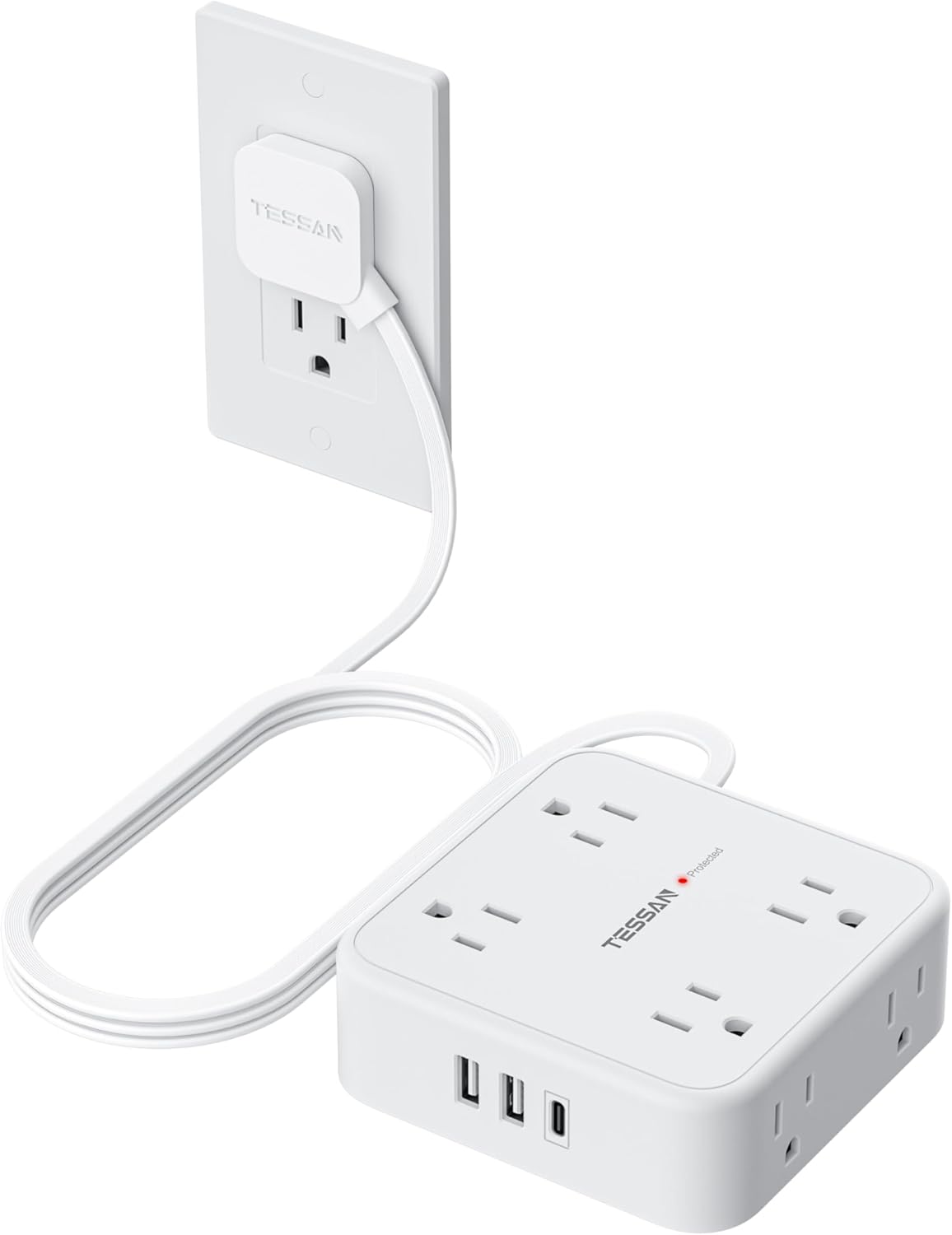 TESSAN Surge Protector Power Strip, 5 Ft Flat Plug Extension Cord with 3 USB (1 USB C) 8 Outlets, 1250W, 900J Protection, 3 Sided Outlet Extender with Power Switch for Office, Dorm Room Essentials
