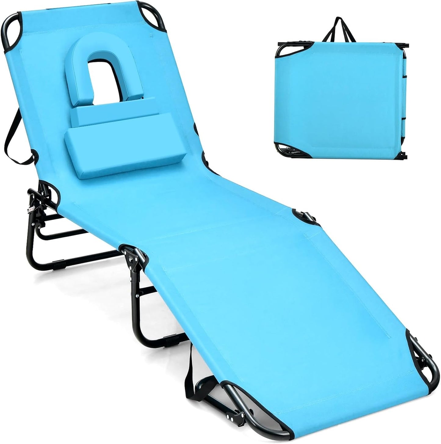 GYMAX Tanning Chair, 330lbs Beach Lounge Chair with Face Hole, Washable Pillow & Carry Strap, Adjustable Folding Chaise Lounge, Layout Chair for Outside, Patio, Poolside, Lawn (1, Stripe)