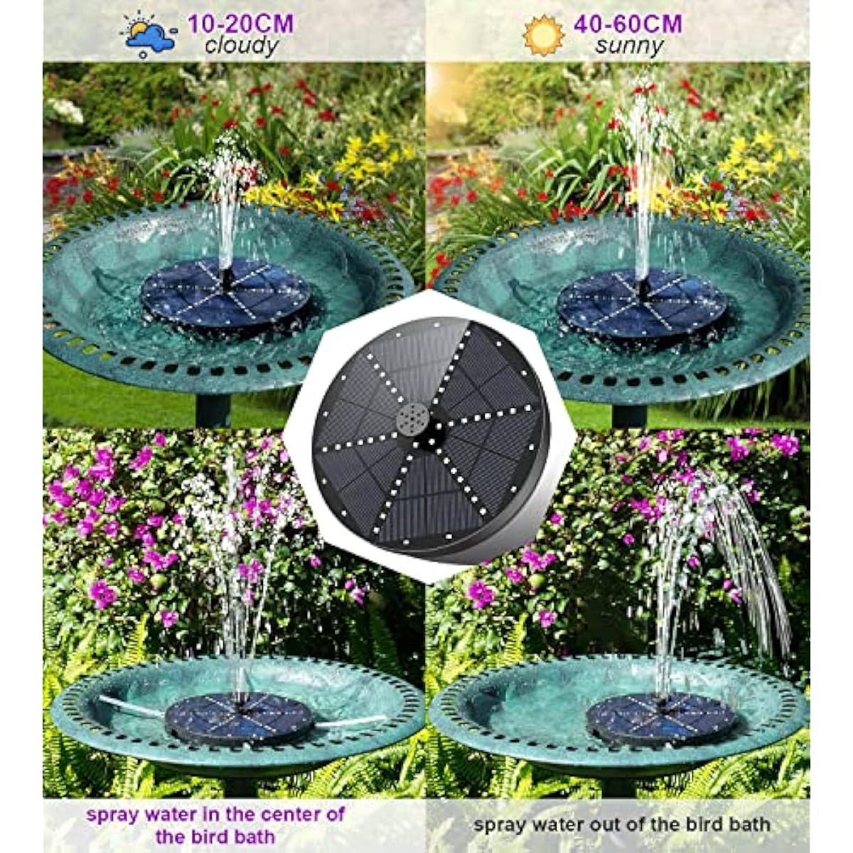 SZMP Solar Fountain 4W Bird Bath Fountains Upgraded 60 LED Lights, Built-in 4000 mAh Battery with 7 Nozzles & 4 Fixers, Solar Water Fountain for Garden, Bird Bath, Pool, Pond, Outdoor