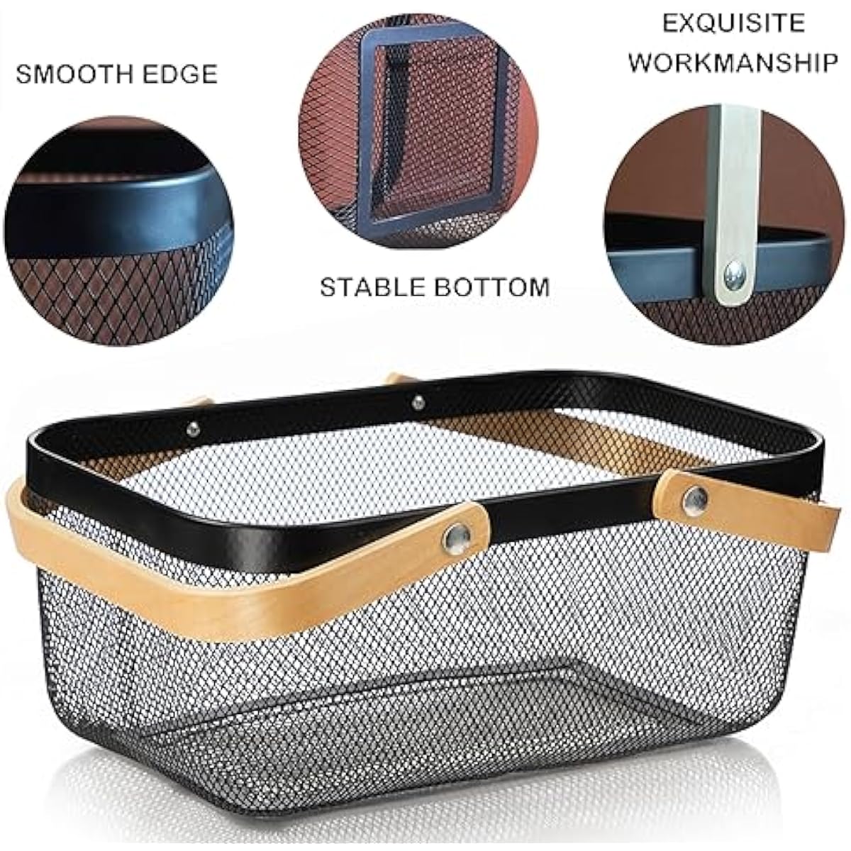 Cheardia 2 Pack Picnic Baskets, Metal Mesh Harvest Basket with Foldable Wooden Handle, Rectangle Garden Storage Basket Bin for Vegetable Fruit Garden Kitchen Cabinet Picking Gathering