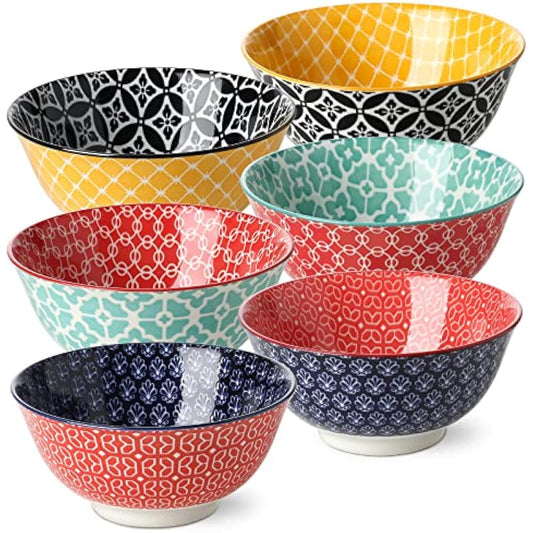 DOWAN Soup Bowls Set of 6, Cereal Bowls for Kitchen, 23 OZ Large Ceramic Bowl, Colorful Vibrant Patterned Porcelain Bowls for Kitchen Decor and Housewarming Gift, Dishwasher and Microwave Safe