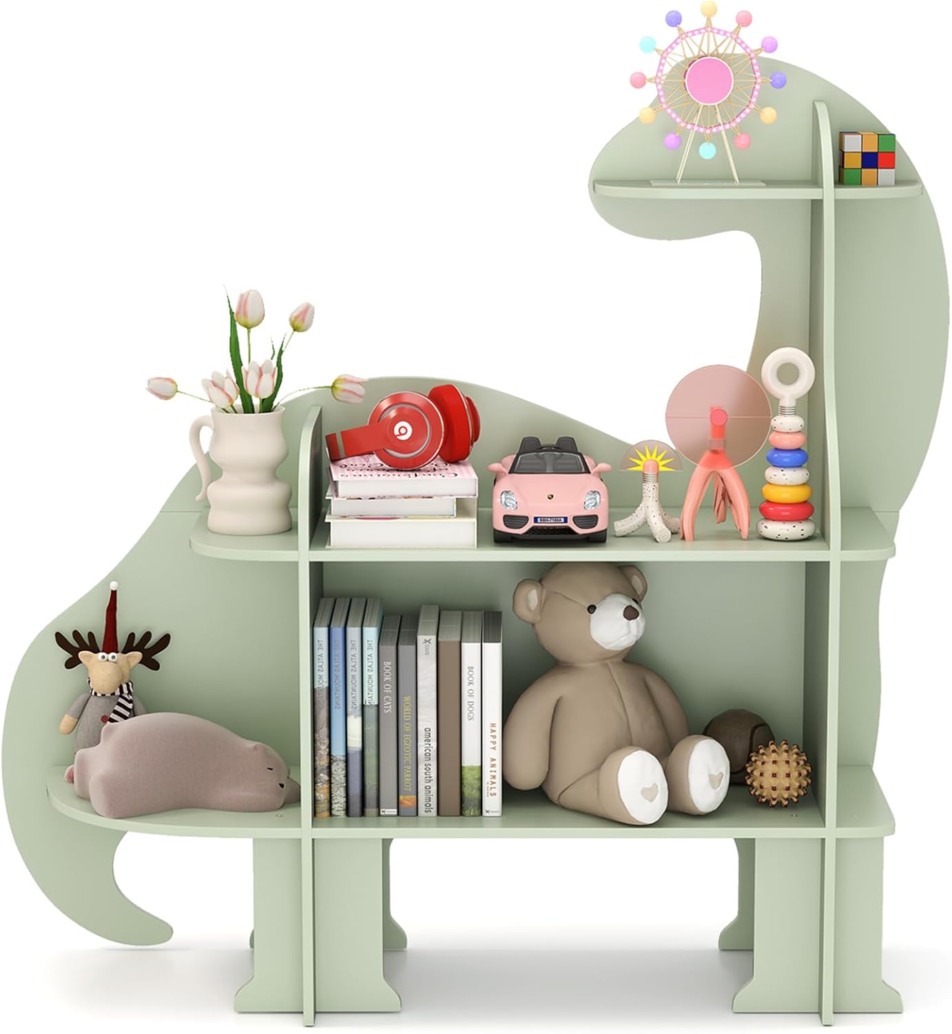 Costzon Rocket Kids Bookshelf, Toddler Toy Storage Organizer w/Chalkboard, 2 Cubbies and Open Shelf, Wooden Children Bookcase for Classroom, Playroom, Daycare, Nursery (White Rocket)