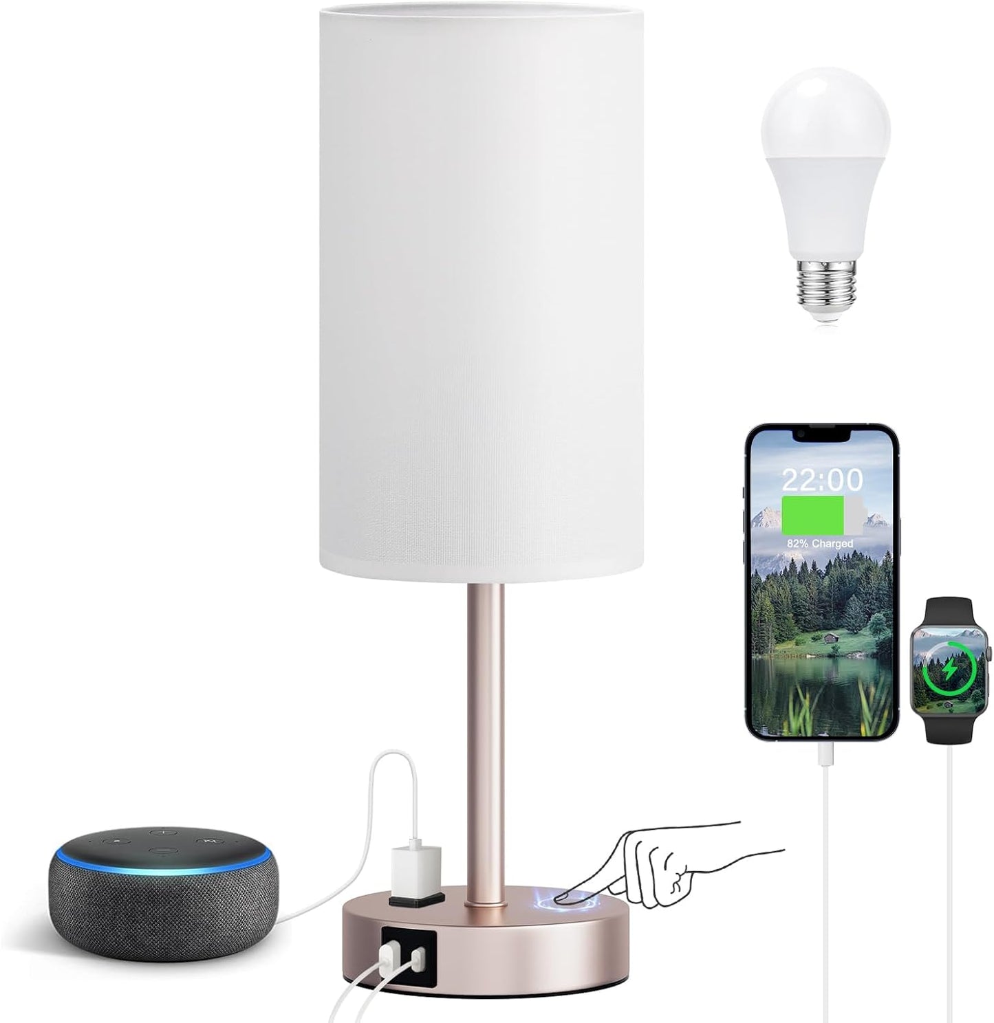 Fenmzee Bedside Table Lamp for Bedroom - 3 Way Dimmable Touch Lamp USB C Charging Ports and AC Outlet, Small Lamp Wood Base Round Flaxen Fabric Shade for Living Room, Desk, LED Bulb Included