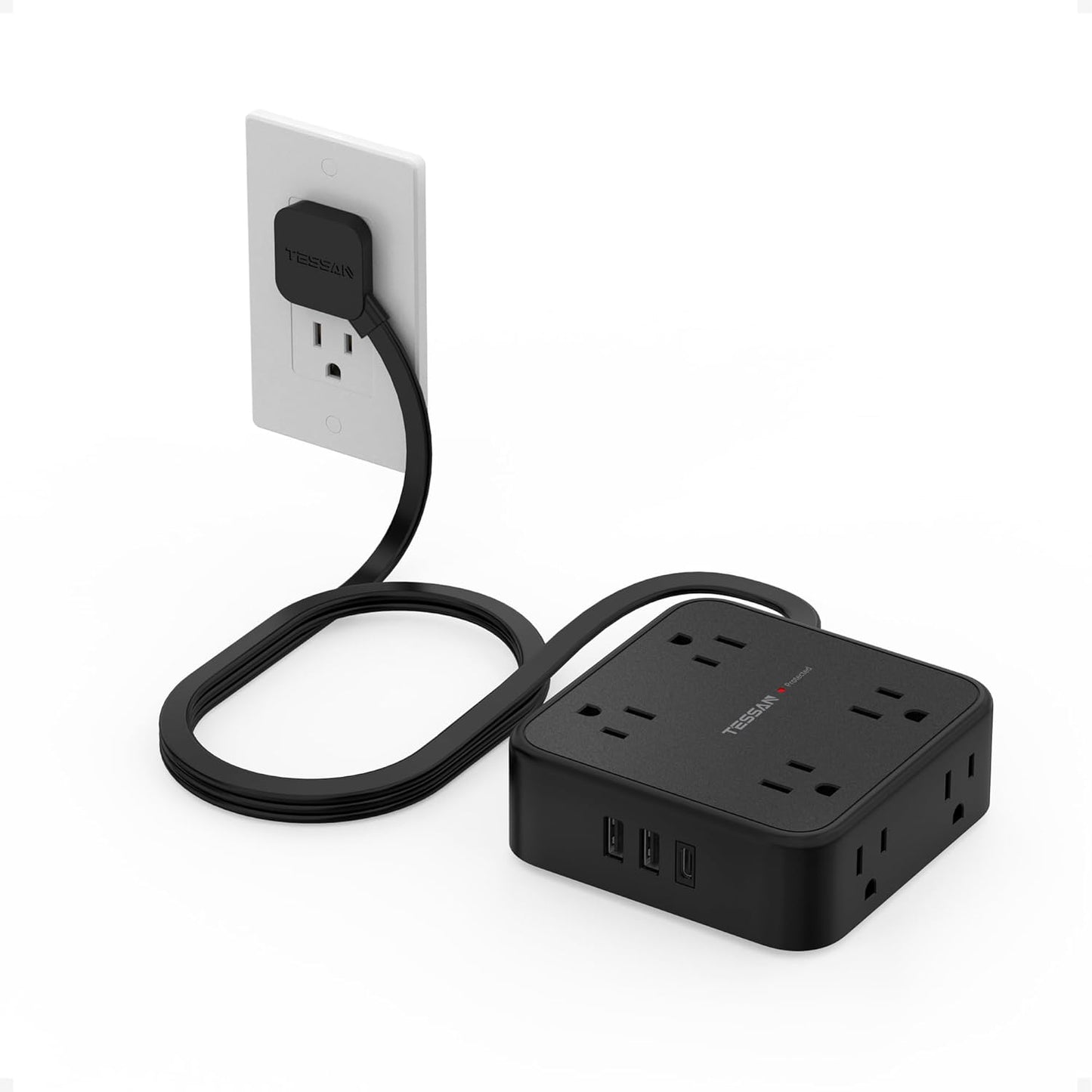 TESSAN Surge Protector Power Strip, 5 Ft Flat Plug Extension Cord with 3 USB (1 USB C) 8 Outlets, 1250W, 900J Protection, 3 Sided Outlet Extender with Power Switch for Office, Dorm Room Essentials