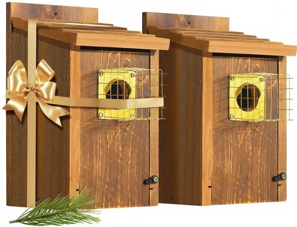 2 Pack Bird Houses for Outside Clearance with Copper Guard, Cedar Bird House Outdoor, Bluebird Finch Swallow Wren Chickadee Assembly Required，Lacquer Finished,Outdoor 5 Years Usage