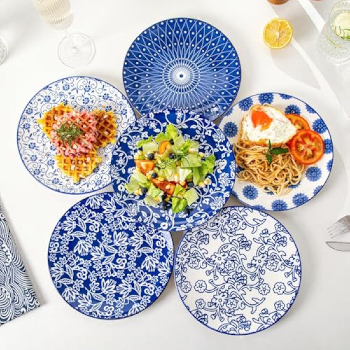 Ceramic Salad Plates Set - 8.5 Inch Small Round Dessert Dishes for Kitchen Dinner Pasta Appetizer Sandwich - Scratch Resistant Porcelain Microwave Oven Dishwasher Safe - Set of 6 - Vintage Blue