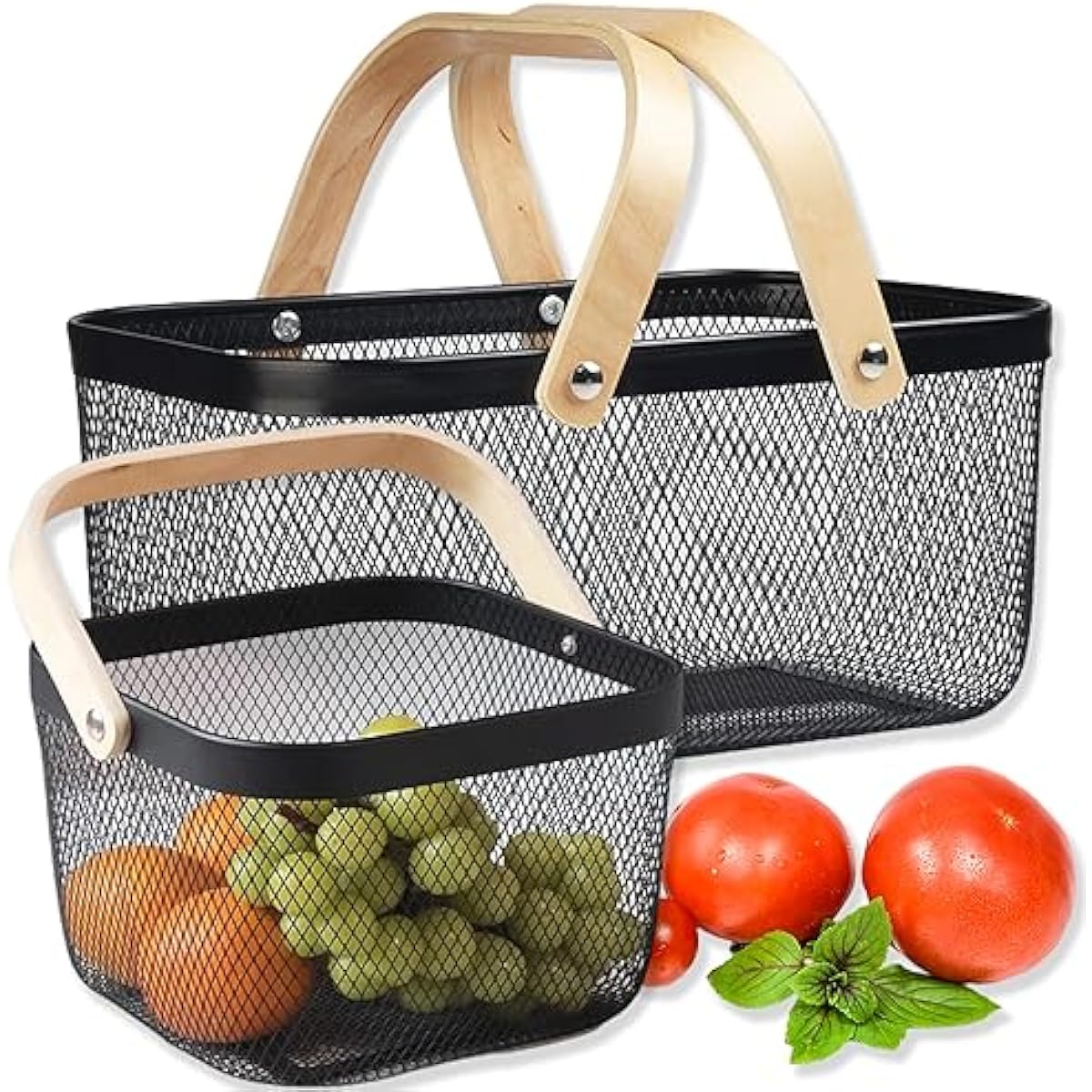 Cheardia 2 Pack Picnic Baskets, Metal Mesh Harvest Basket with Foldable Wooden Handle, Rectangle Garden Storage Basket Bin for Vegetable Fruit Garden Kitchen Cabinet Picking Gathering