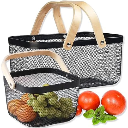 Cheardia 2 Pack Picnic Baskets, Metal Mesh Harvest Basket with Foldable Wooden Handle, Rectangle Garden Storage Basket Bin for Vegetable Fruit Garden Kitchen Cabinet Picking Gathering