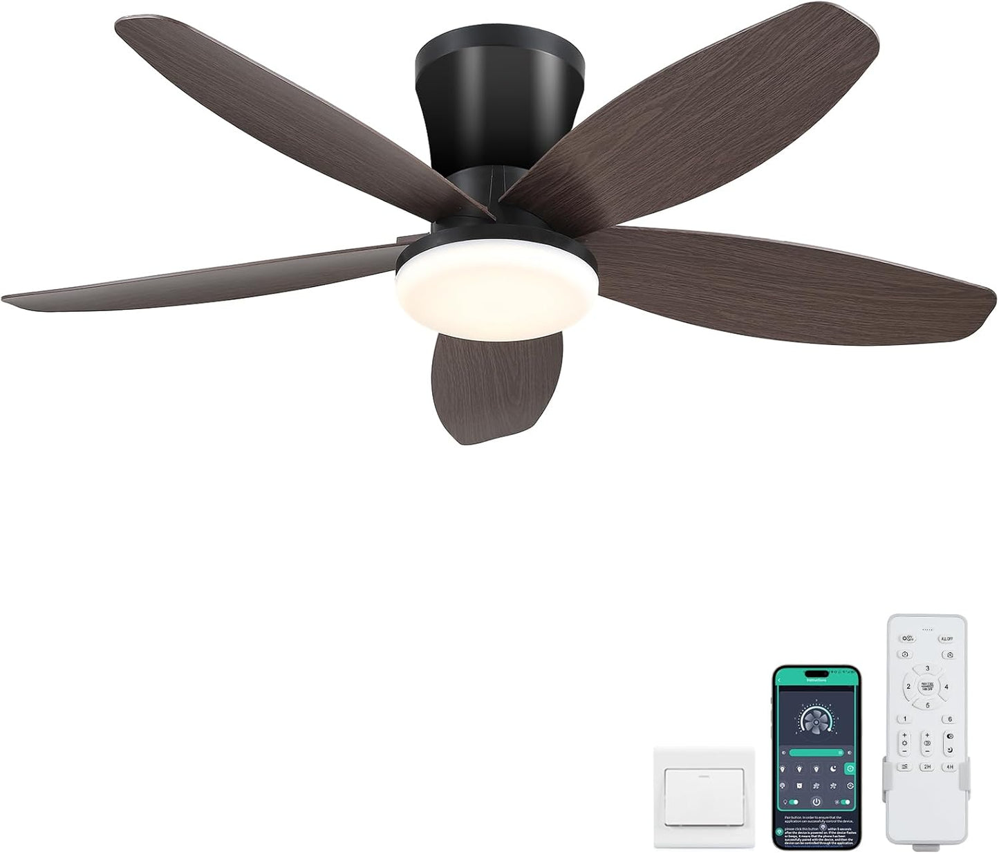 42" Ceiling Fans with Lights-Low Profile Ceiling Fan with Light and Remote/APP Control,Flush Mount,DC Reversible,LED Dimmable Blakc Ceiling Fans for Bedroom,Indoor/Outdoor Patio Use