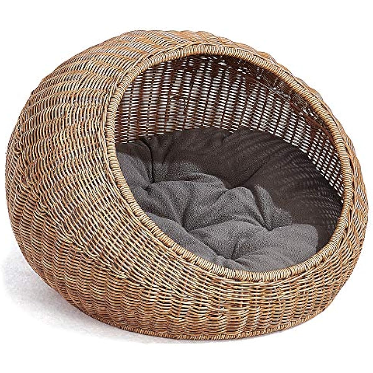 D+GARDEN Wicker Cat Bed Dome for Medium Indoor Cats - a Covered Cat Hideaway Hut of Faux Rattan Houses Pets in Dome Basket, Washable