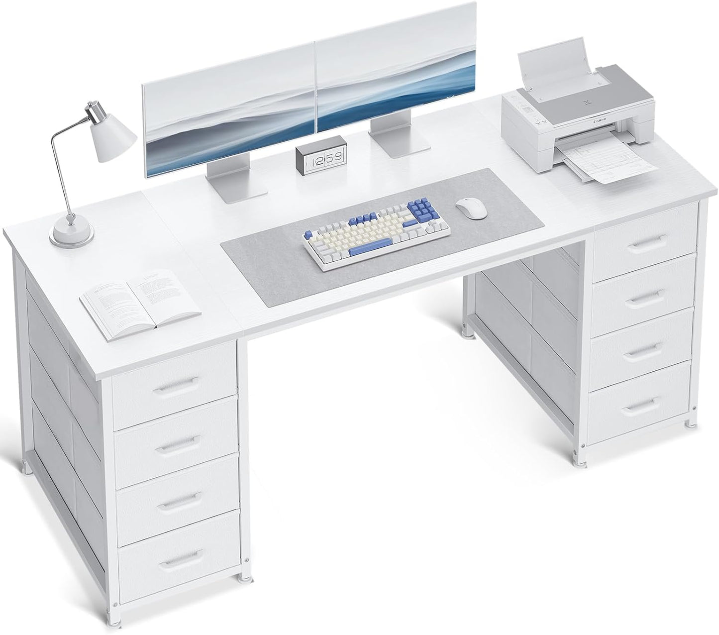 ODK 48 Inch White Computer Desk with 8 Fabric Drawers, Modern Office Desk with Large Storage for Home Office, Study, Gaming, White
