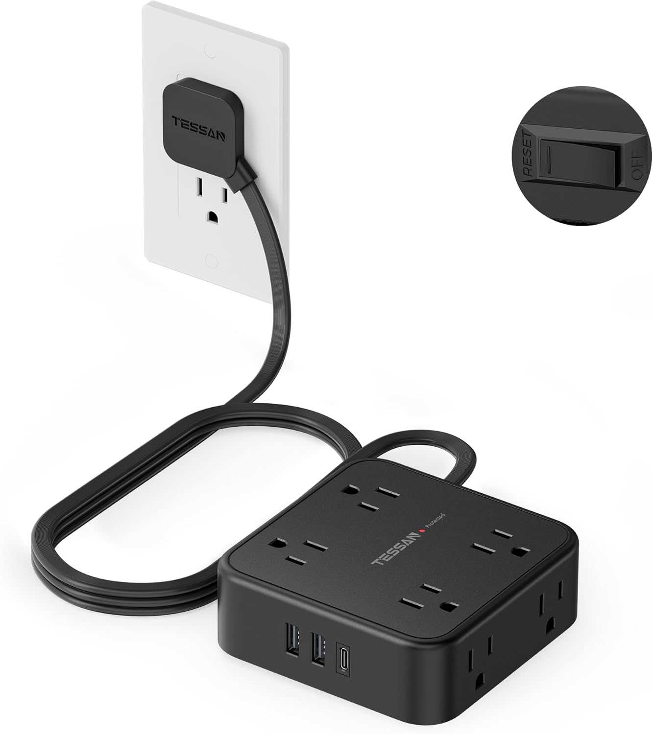 TESSAN Surge Protector Power Strip, 5 Ft Flat Plug Extension Cord with 3 USB (1 USB C) 8 Outlets, 1250W, 900J Protection, 3 Sided Outlet Extender with Power Switch for Office, Dorm Room Essentials